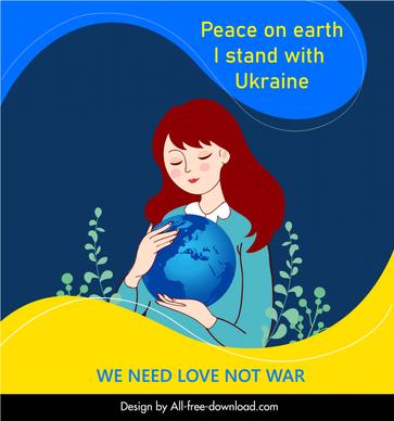 peace on earth banner template girl holding globe sketch cartoon design
