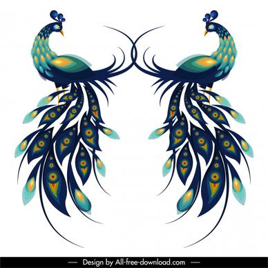 peafowl icons colorful flat symmetric design