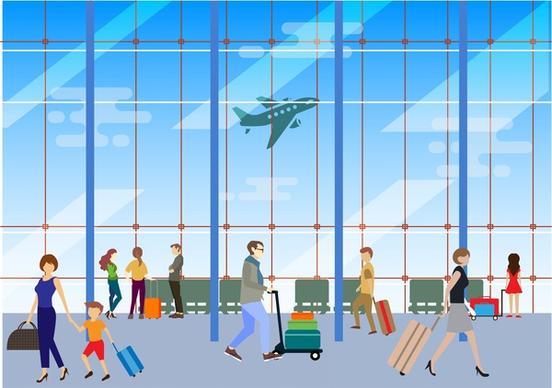 people at airport design in colored style