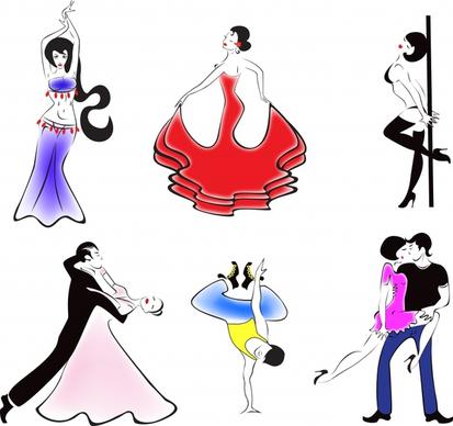 dancers icons colorful dynamic handdrawn cartoon characters