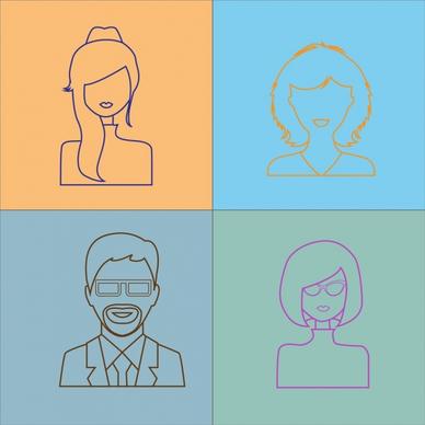 people portrait icons outline flat colored design