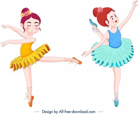 performing ballerina icons colored cartoon characters sketch