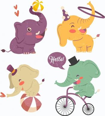 performing elephant icons cute cartoon design