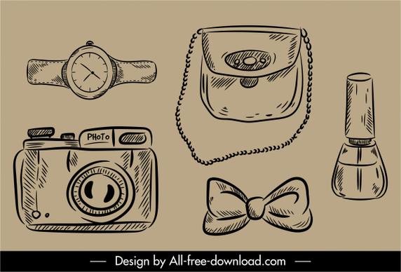 personal objects icons black white retro handdrawn outline