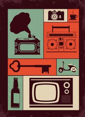 personal objects icons colored flat retro design
