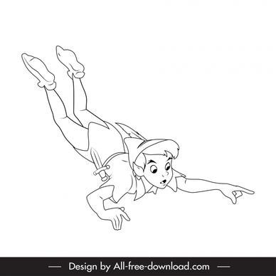 peter pan cartoon character icon black white  handdrawn outline