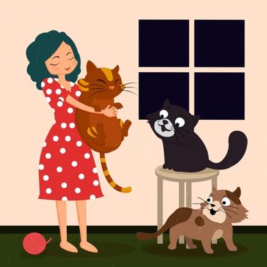 pets drawing lady cats icons colored cartoon