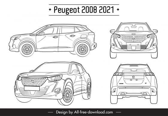 peugeot 2008 2021 car model advertising template black white handdrawn different views outline