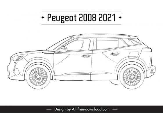peugeot 2008 2021 car model advertising template flat black white handdrawn side view outline