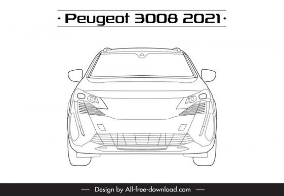 peugeot 3008 2021 car model icon flat symmetric black white handdrawn front view outline