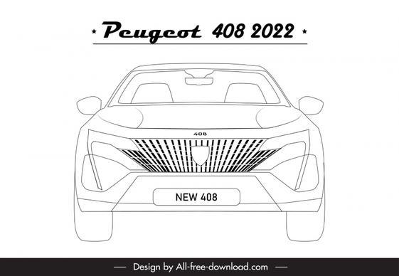 peugeot 408 2022 car model icon flat black white symmetric handdrawn front view outline