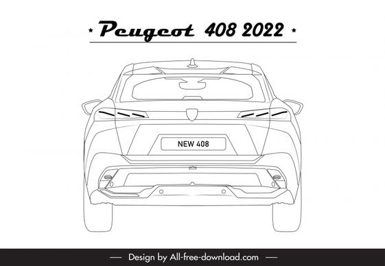 peugeot 408 2022 car model icon flat symmetric handdrawn back view outline