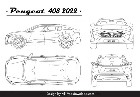 peugeot 408 2022 car models advertising template black white handdrawn outline