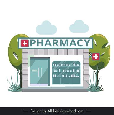 pharmacy store exterior template flat modern sketch