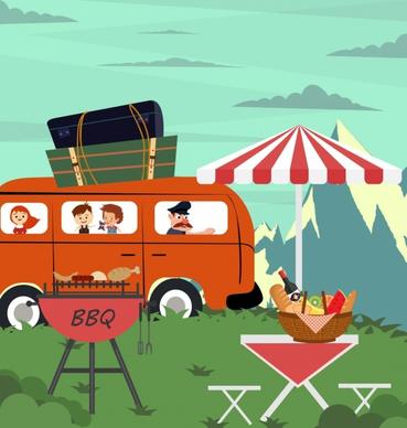 picnic drawing bus trip barbecue outdoor food icons