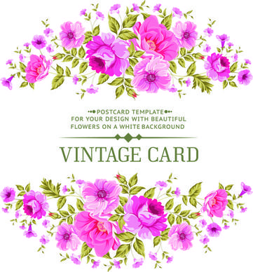 pink flowers vintage card vector