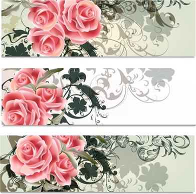 pink flowers with floral banners vector