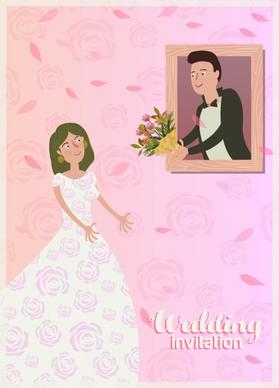 pink wedding card cover template groom bride icons