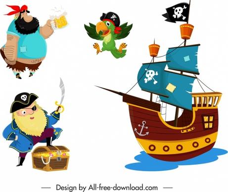 pirate design elements colored cartoon sketch