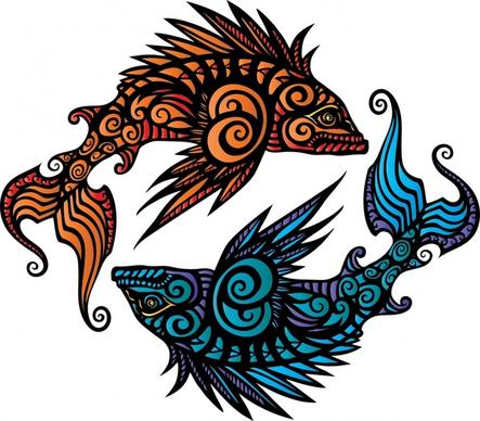 pisces background fishes icons traditional curves ornament
