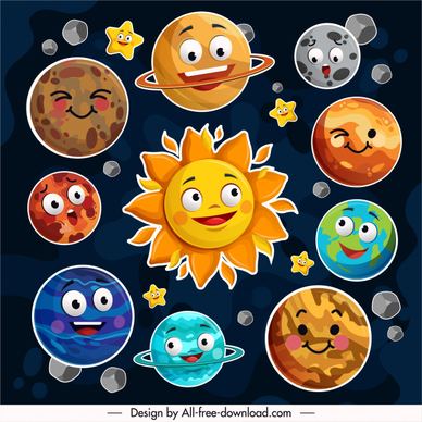 planets icons funny stylized emotional faces sketch