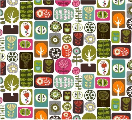 plants pattern colorful flat flowers trees icons isolation