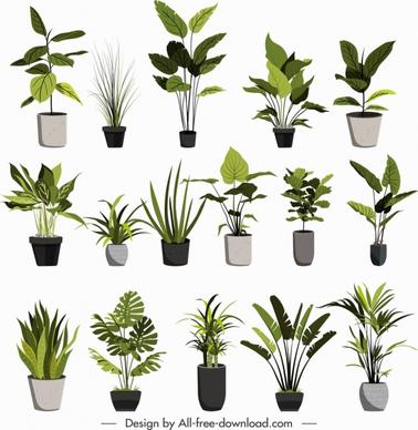 plant pots icons classical green grey sketch