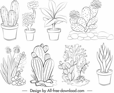 plants icons black white handdrawn sketch
