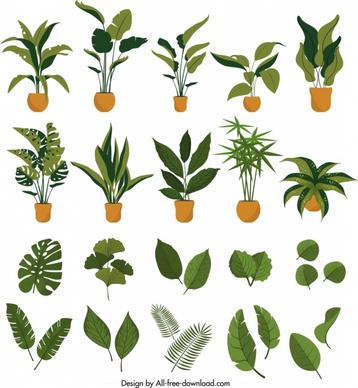 plants icons collection leaves pots symbols