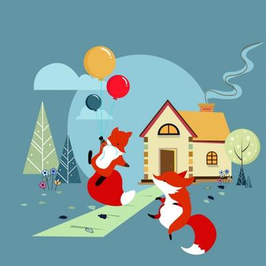 playful foxes background colored cartoon design