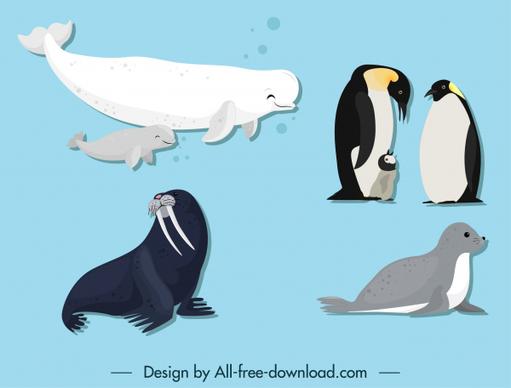 polar species icons whale penguin seal sketch
