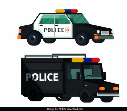 police car icons modern colored design 3d sketch