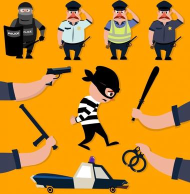 police teamwork design elements criminal tools colored cartoon