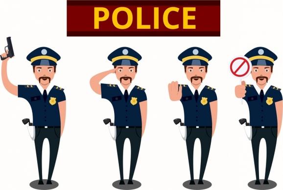 policeman icons collection various gestures isolation