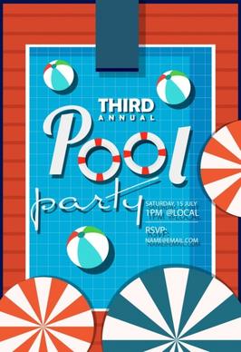 pool party poster umbrella ball icons flat design