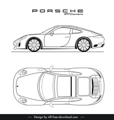 porsche 911 car advertising template black white handdrawn top view side view outline 