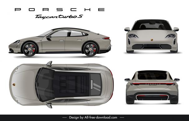 porsche taycan car model advertising template modern different views sketch 