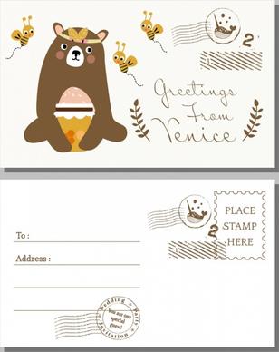 postcard cover template bear honey bees icons