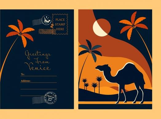 postcard template camel coconut icons dark silhouette decor