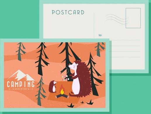 postcard template wildlife camping theme stylized cartoon characters
