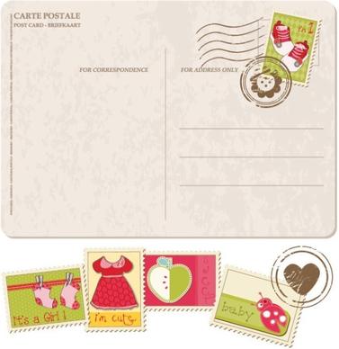 postcards stamps with cartoon 01 vector