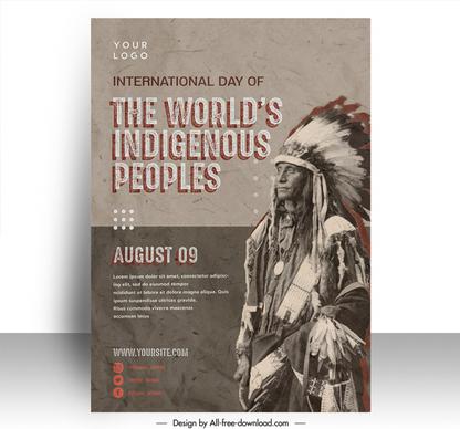 poster day of the worlds indigenous peoples template retro design american indian man sketch 