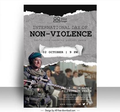 poster happy international day of non violence template soldier family ragged paper sketch modern blurred design 