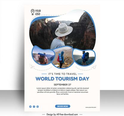 poster happy world tourism day template modern realistic design mountain scenes tourist pictures sketch