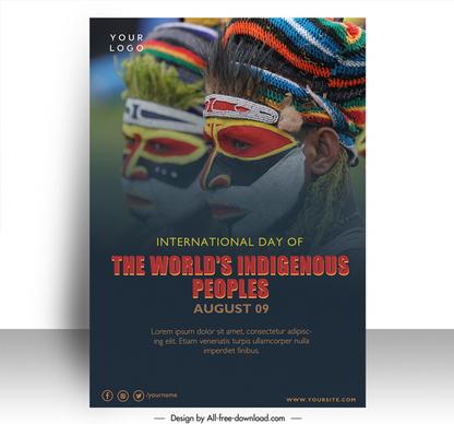 poster international day of the worlds indigenous peoples template colorful decorated face tribal men sketch