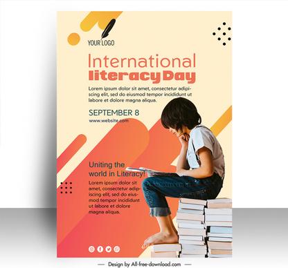 poster international literacy day template boy reading on books stack sketch modern realistic design 