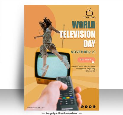 poster world television day template dynamic jumping girl remote control closeup sketch