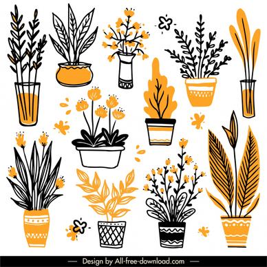 potted houseplant icons flat classical handdrawn outline