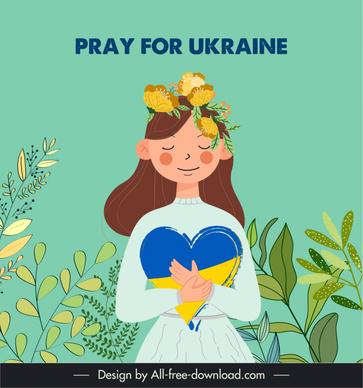 pray for ukraine banner cute cartoon girl nature elements decor 
