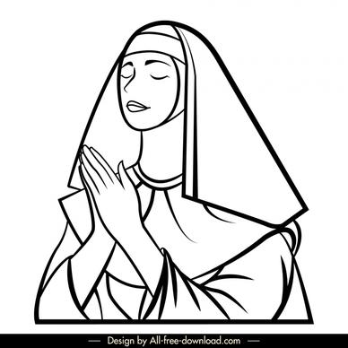 praying sister icon black white cartoon character outline